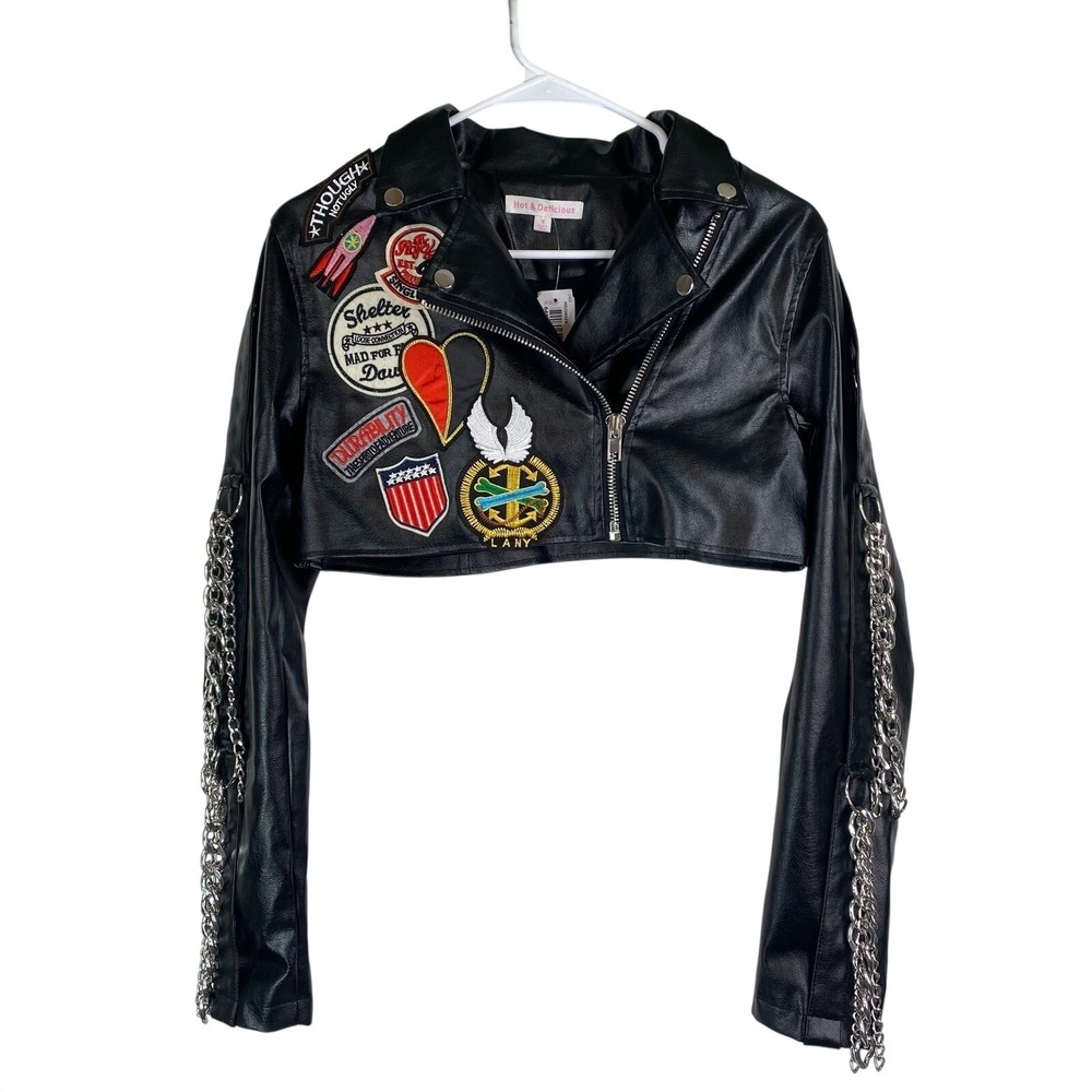 Biker Faux Leather Cropped Jacket SMALL Chain Moto Punk Grunge Edgy Streetwear